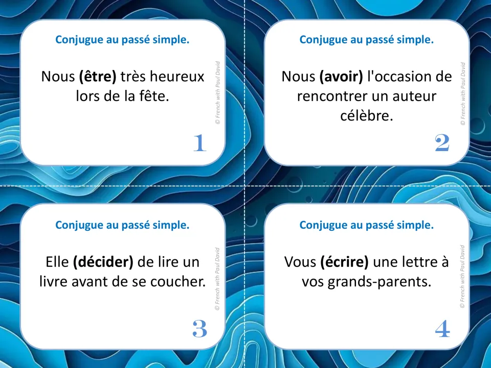 Passé simple task cards 1-4: students conjugate être, avoir, décider and écrire in French sentences about daily life