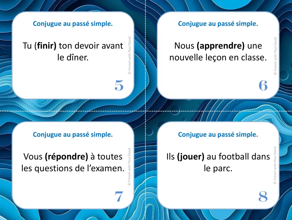 Passé simple task cards 5-8: students conjugate finir, apprendre, répondre and jouer, the bracketed verb in each sentence