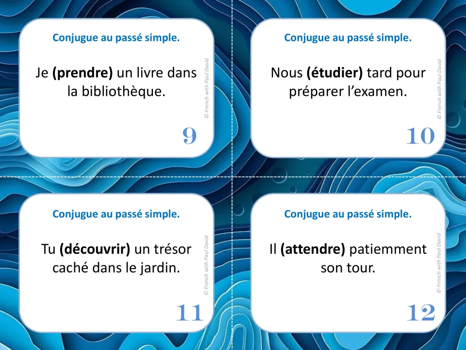 Cards 9-12 conjugate prendre, étudier, découvrir and attendre in the French passé simple within short sentences