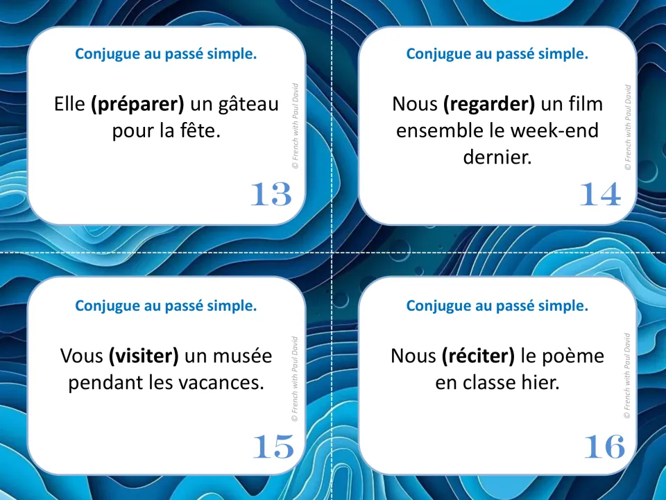 Cards 13-16 practise passé simple endings with regular -er verbs préparer, regarder, visiter and réciter in context
