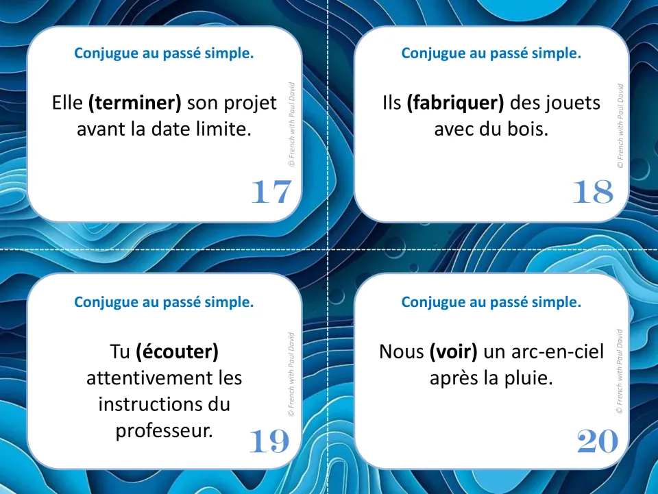 Cards 17-20: students write the passé simple of terminer, fabriquer, écouter and voir in each French sentence