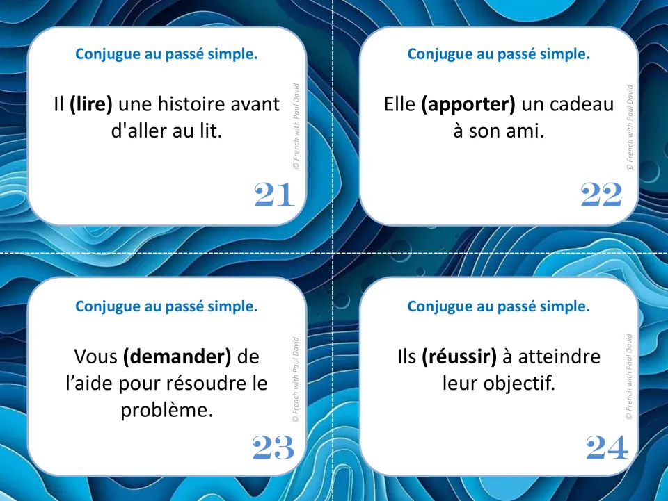 Cards 21-24 ask students to conjugate lire, apporter, demander and réussir into the passé simple in sentences