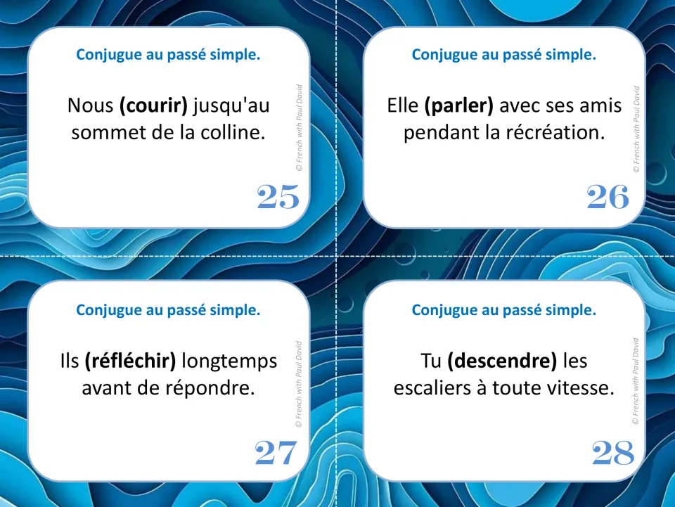 Final task cards 25-28: students conjugate courir, parler, réfléchir and descendre into the French passé simple