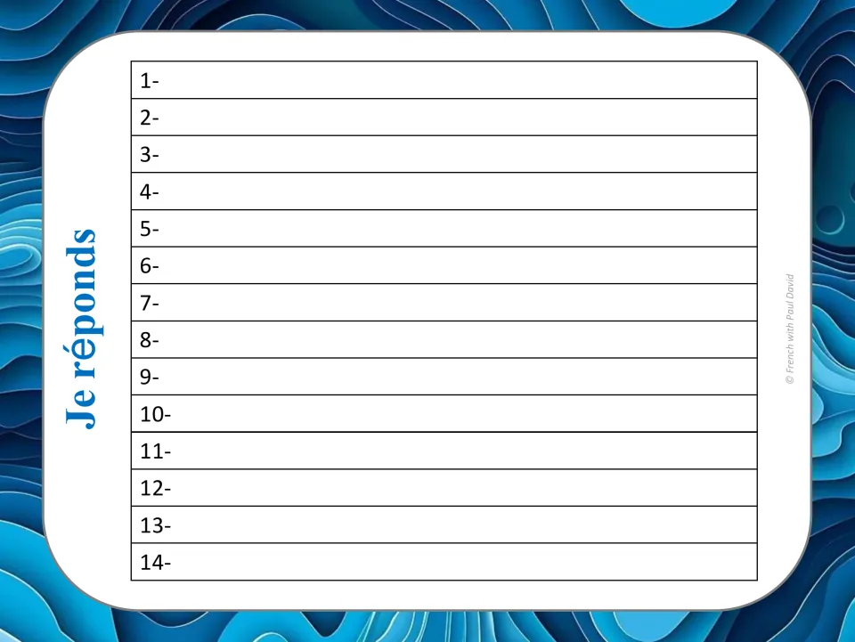 Je réponds answer sheet: students record their passé simple conjugations for task cards 1 to 14 in numbered spaces