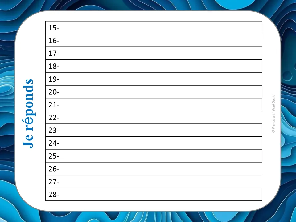 Je réponds recording sheet for task cards 15 to 28, where students write each passé simple verb form they chose