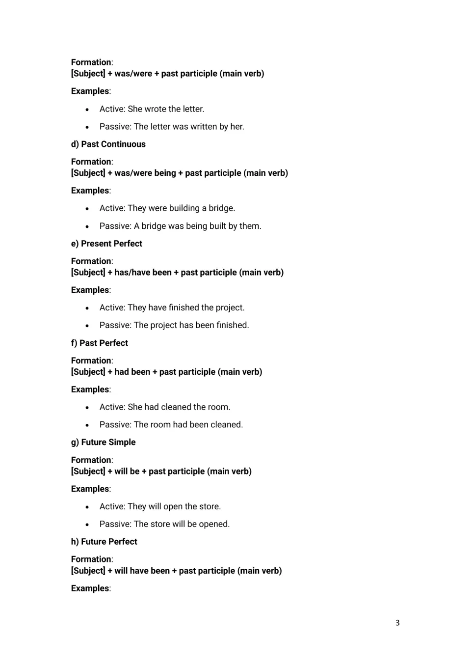 Passive voice by tense: past simple through future perfect, each with its formula and an active/passive example pair