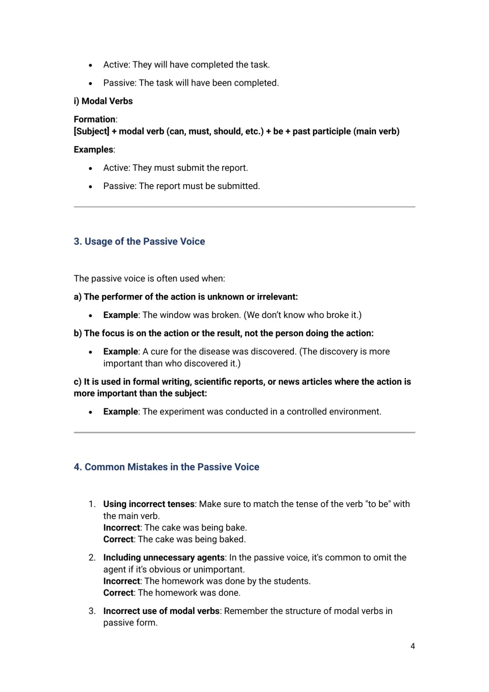 Modal verbs in passive form, when to use the passive voice, and common mistakes shown as incorrect and correct sentences