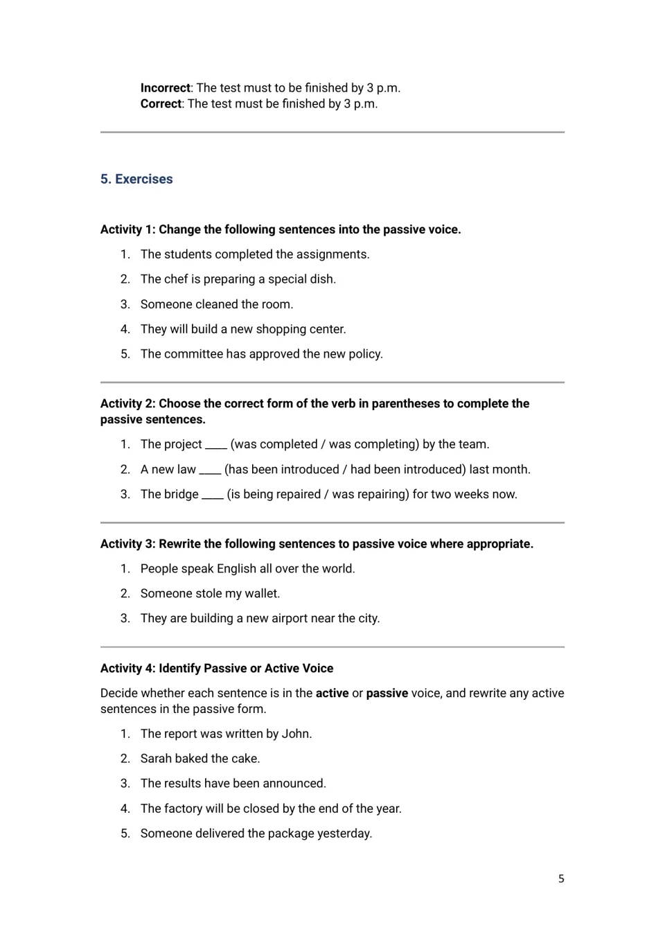 Passive voice exercises 1 to 4: students rewrite active sentences, choose correct verb forms and identify active or passive