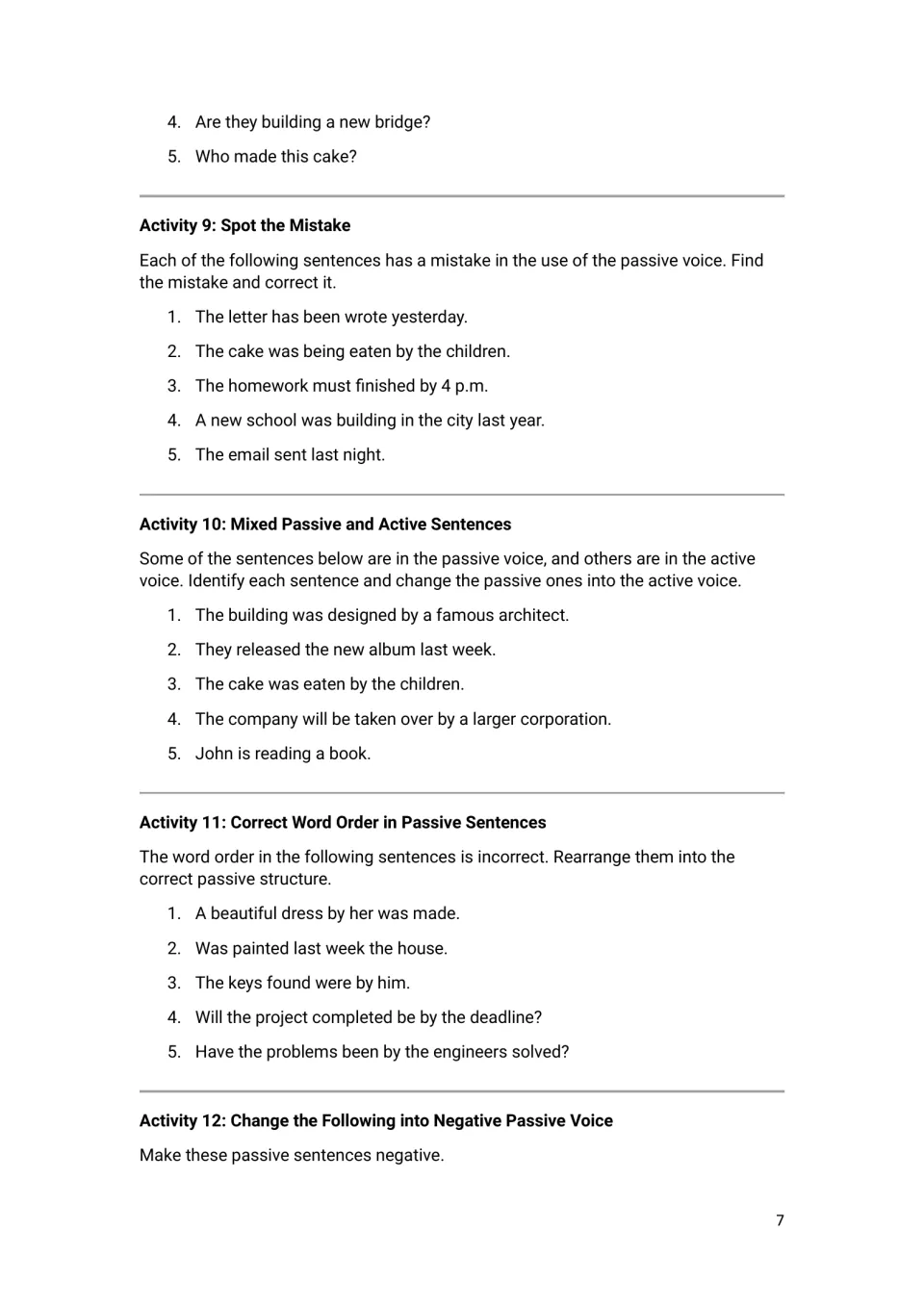 Passive voice error correction: students spot mistakes, sort active from passive sentences and fix scrambled word order