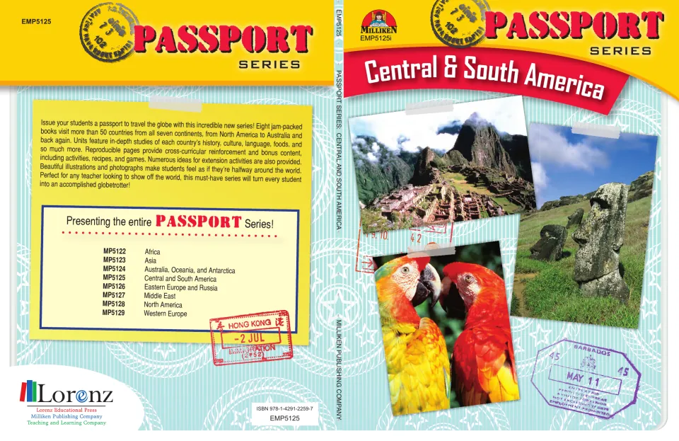 Passport Series: Central and South America cover with photos of mountain ruins, stone heads and macaws, plus the 8-book list