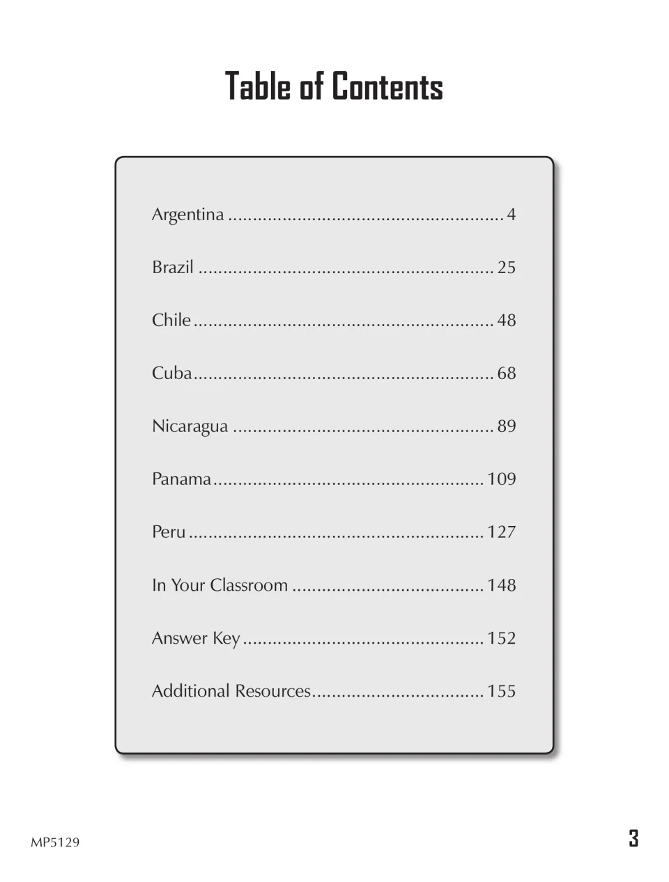 Table of contents: country units for Argentina, Brazil, Chile, Cuba, Nicaragua, Panama and Peru, then classroom ideas