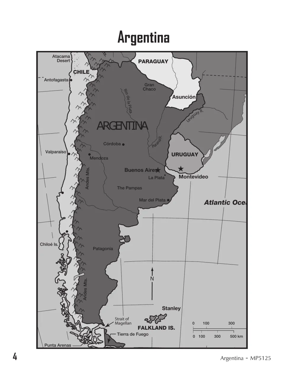 Argentina map labeling Buenos Aires, Córdoba, the Pampas, Patagonia, Tierra de Fuego and bordering Chile and Uruguay