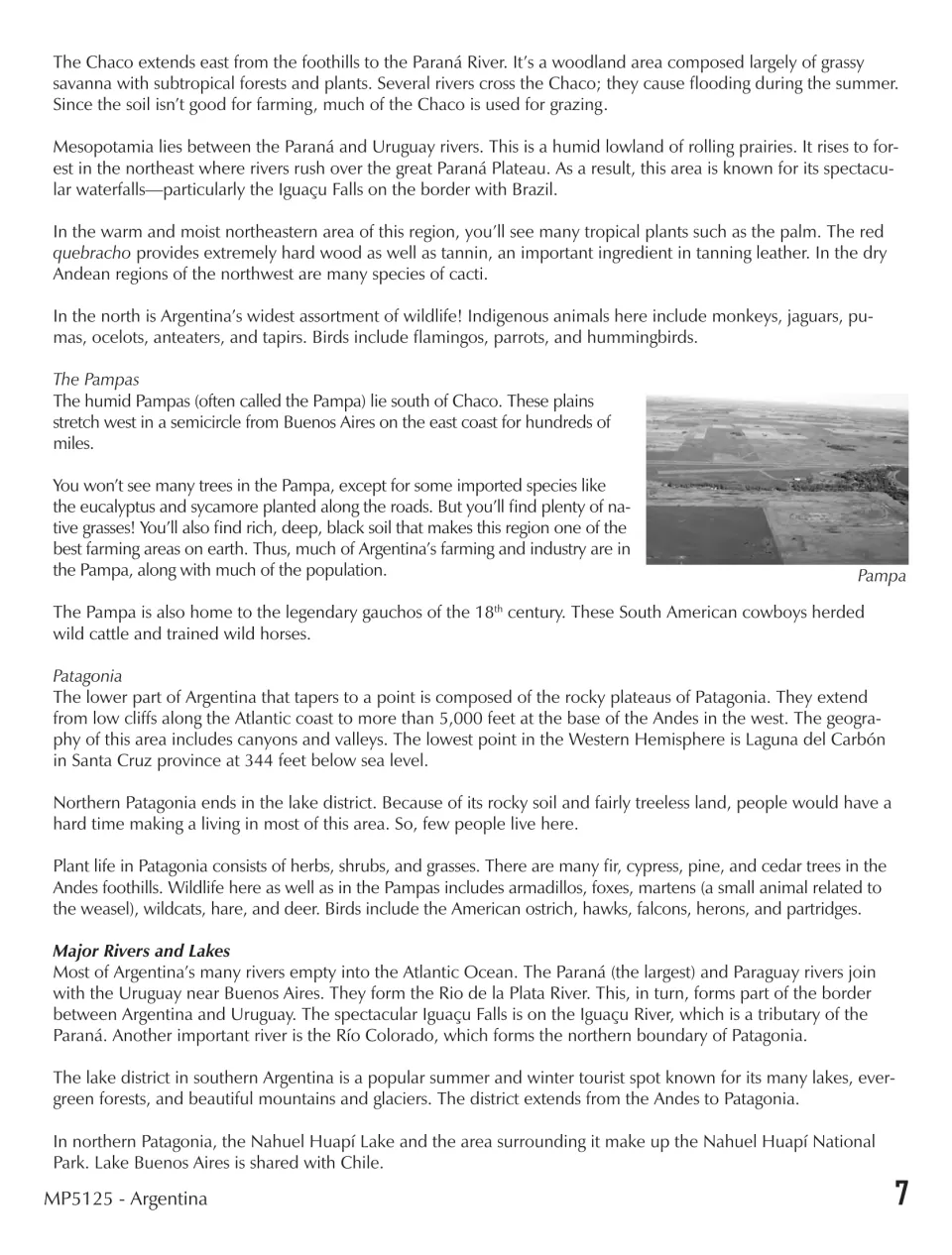 Argentina geography reading on the Chaco, Mesopotamia, the Pampas, Patagonia and rivers and lakes, with a Pampa photo