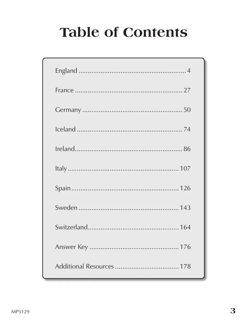 Table of contents listing nine country sections from England to Switzerland, an answer key, and resources