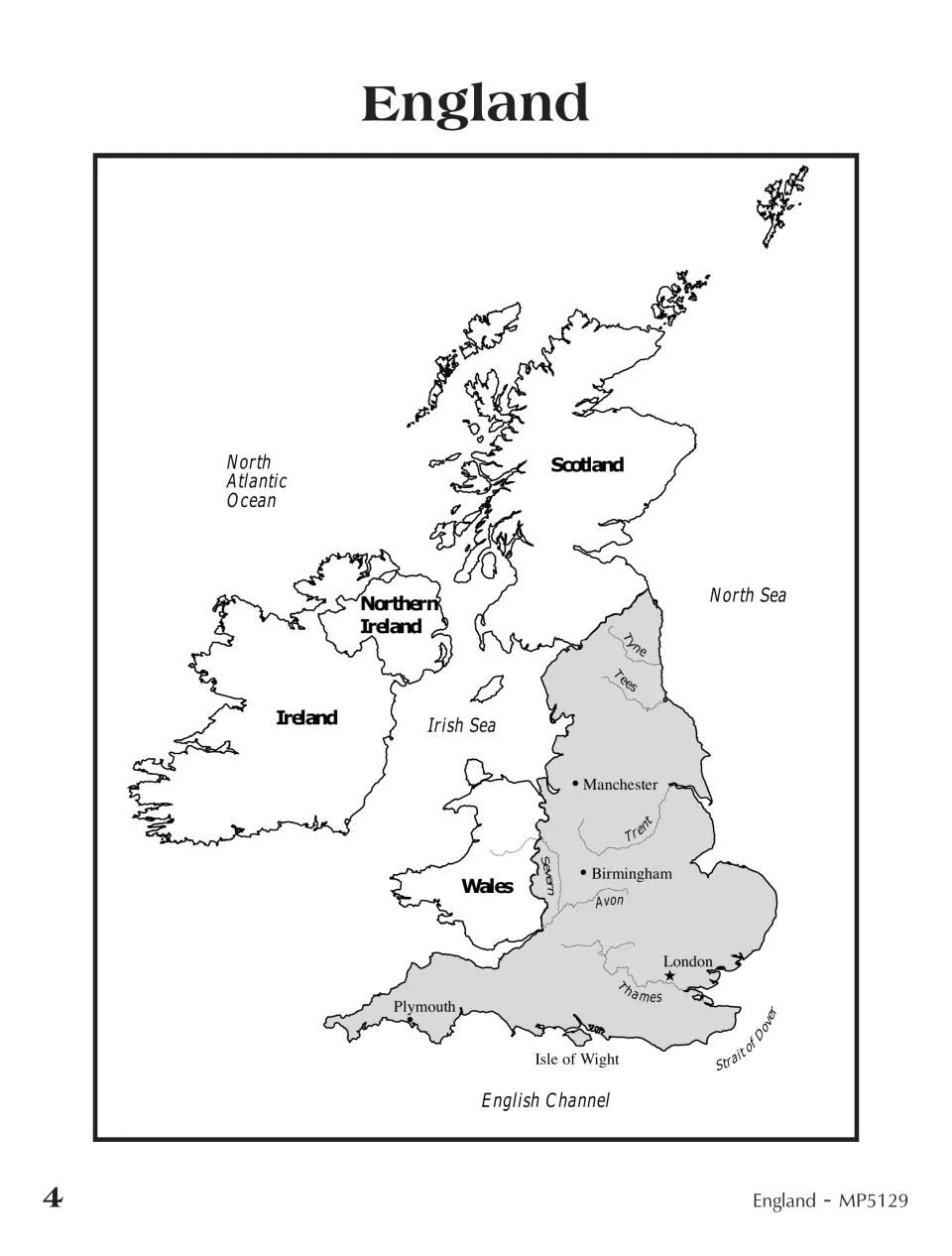 England section opening map labeling London, Manchester, Birmingham, Plymouth, rivers, and nearby seas