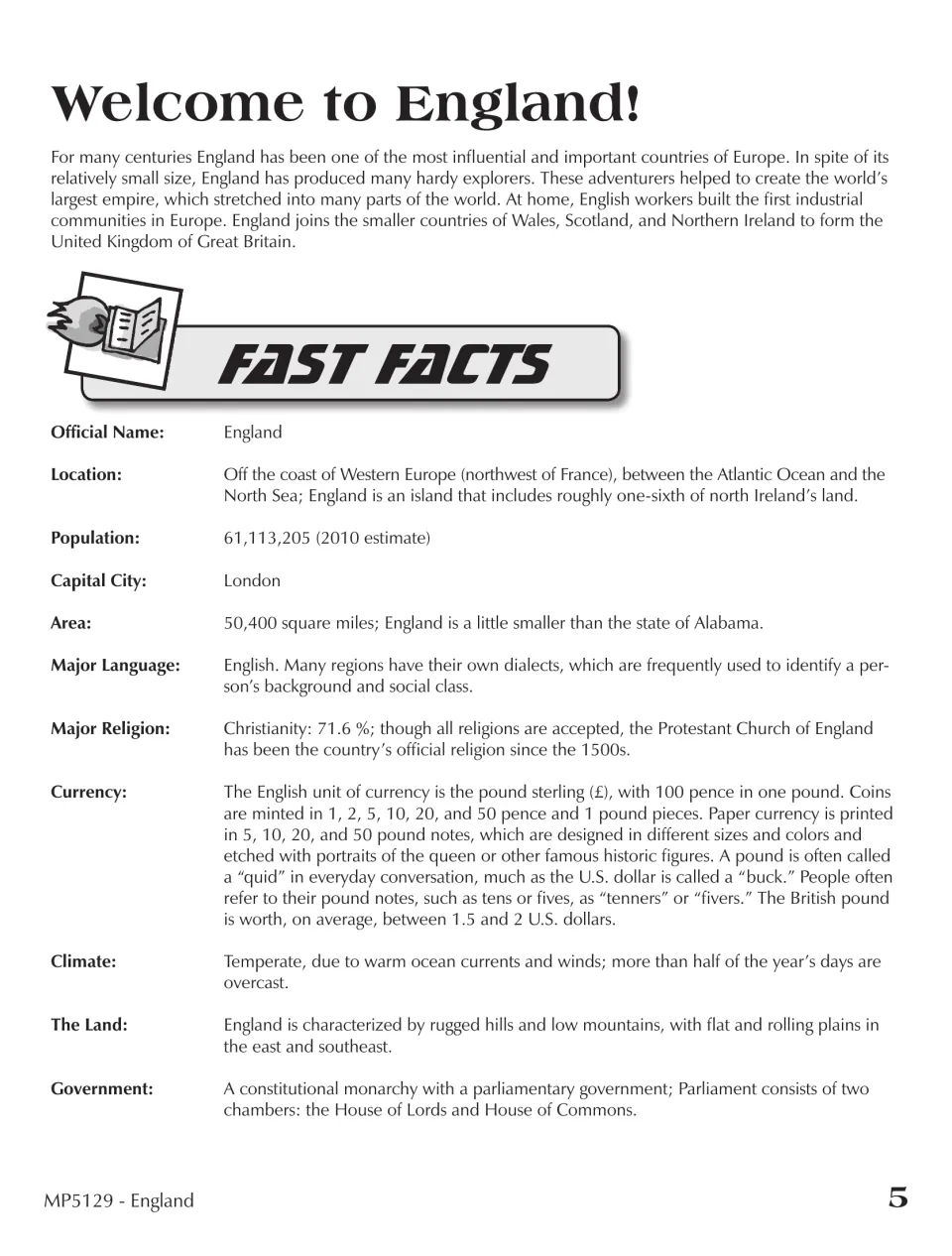 Welcome to England reading and Fast Facts covering location, population, capital, language, and government