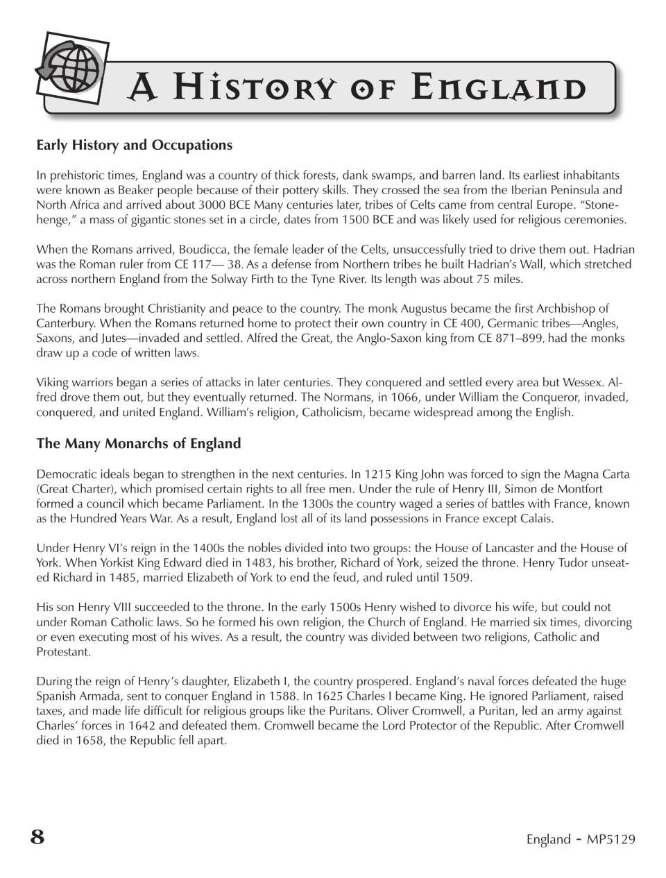 A History of England reading traces early inhabitants, Roman occupation, Viking attacks, and English monarchs