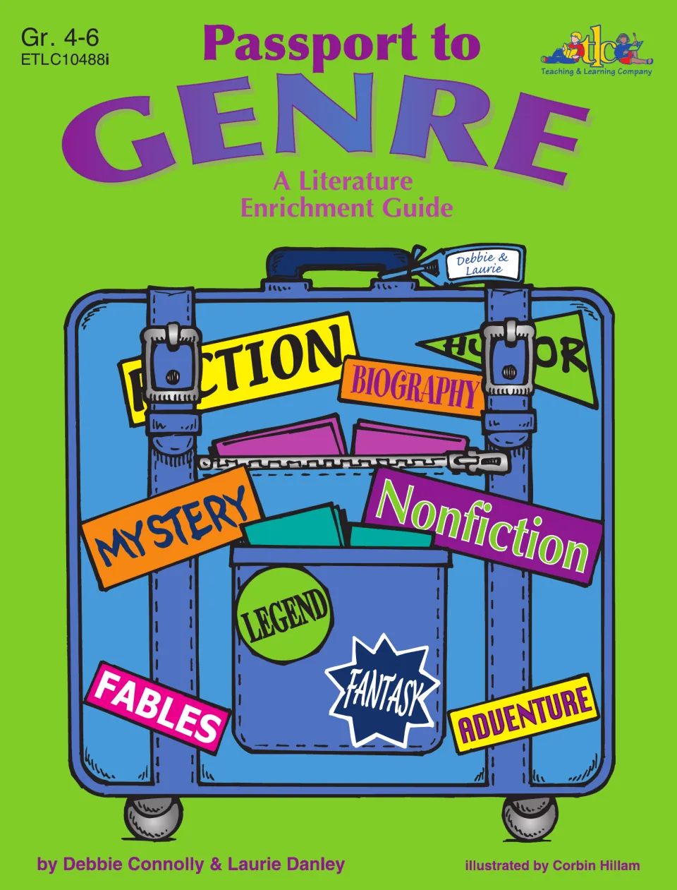 Gr. 4-6 genre guide cover: a suitcase covered in genre labels such as Fiction, Mystery, Biography, Fantasy and Fables