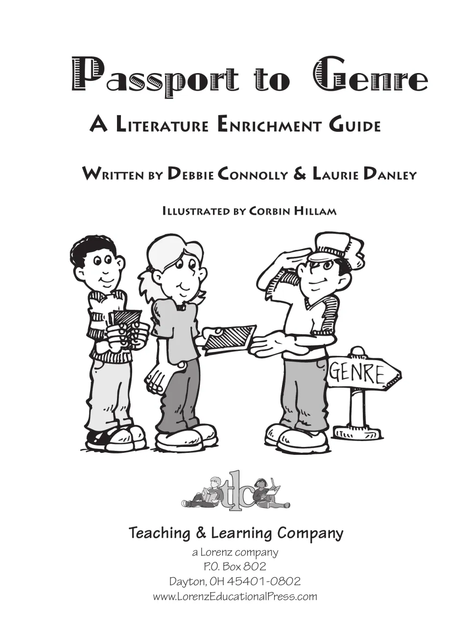 Title page naming authors Debbie Connolly and Laurie Danley, with kids holding passports beside a Genre signpost