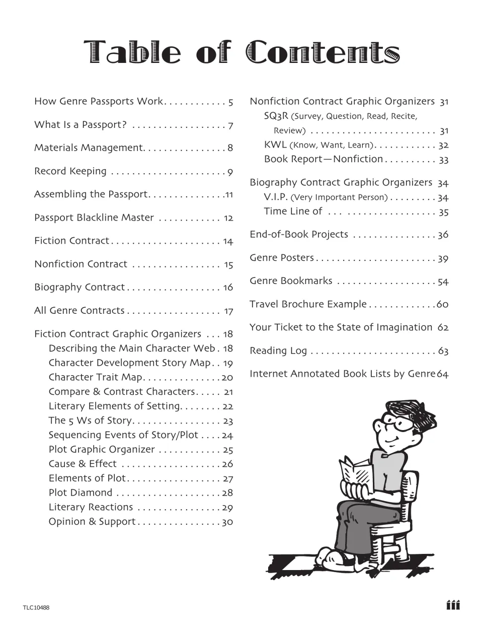Table of contents listing passport setup, fiction, nonfiction and biography contracts, organizers, posters and bookmarks