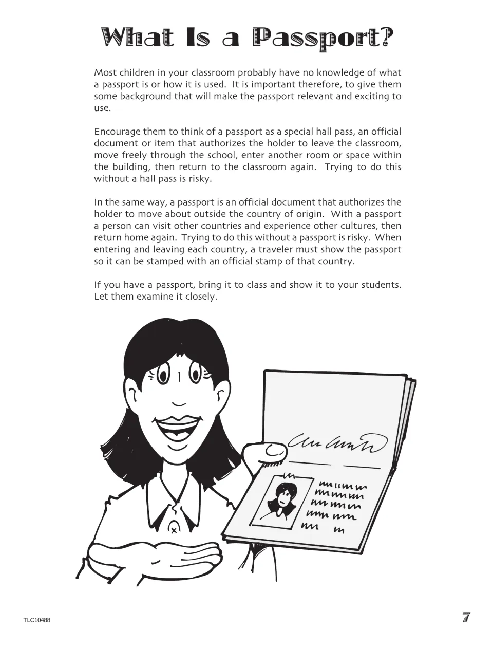 What Is a Passport? explains passports by comparing them to a hall pass, with a girl showing an open passport
