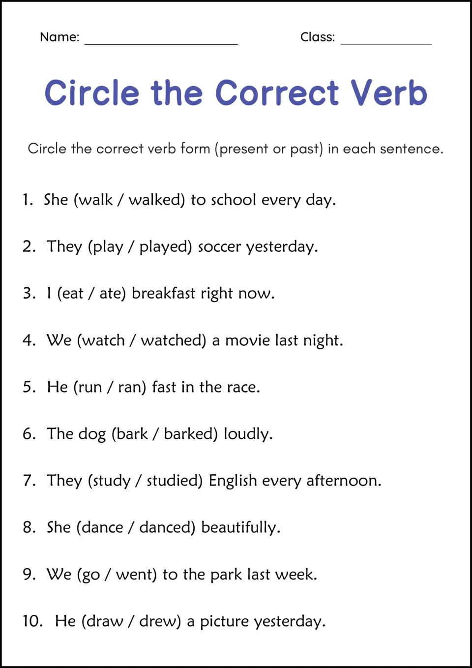 Circle the Correct Verb: students choose present or past forms like walk/walked and go/went in 10 sentences