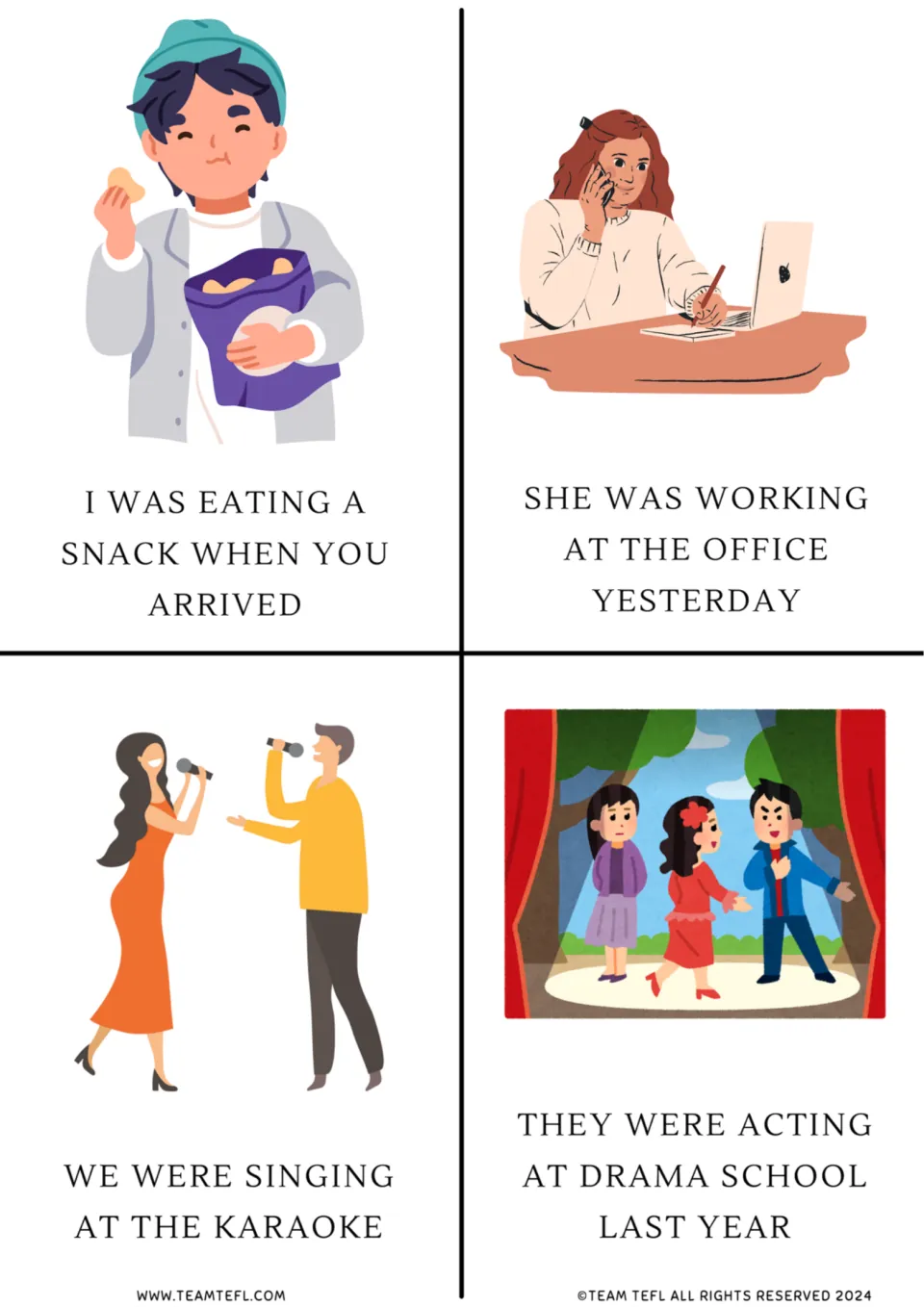 Past continuous flashcards: four illustrated sentences such as I was eating a snack when you arrived and we were singing