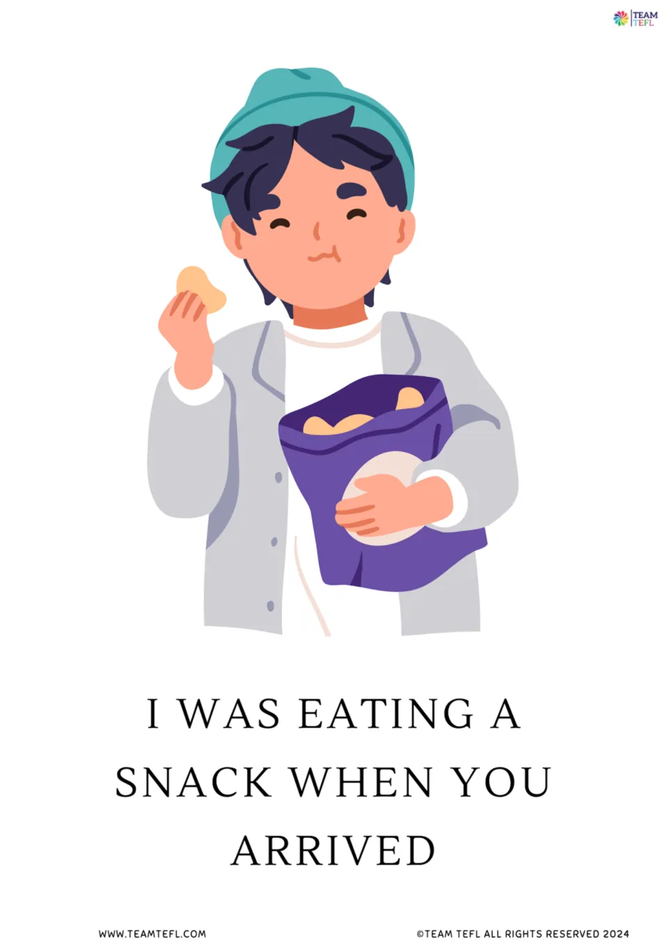 Full-page flashcard: a boy holding a bag of chips with the sentence I was eating a snack when you arrived