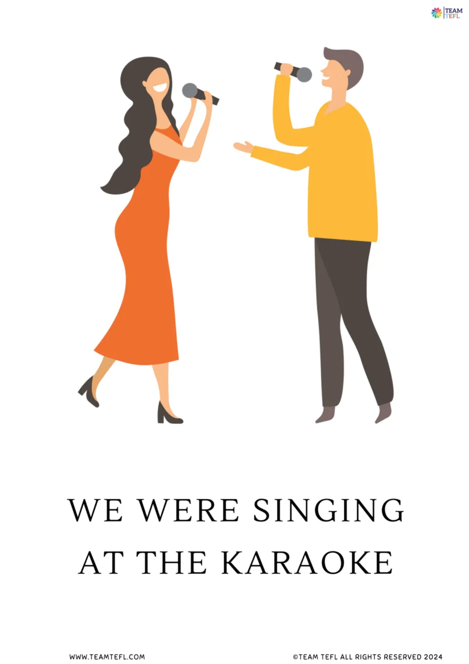 Full-page flashcard: a man and a woman holding microphones, with the sentence We were singing at the karaoke