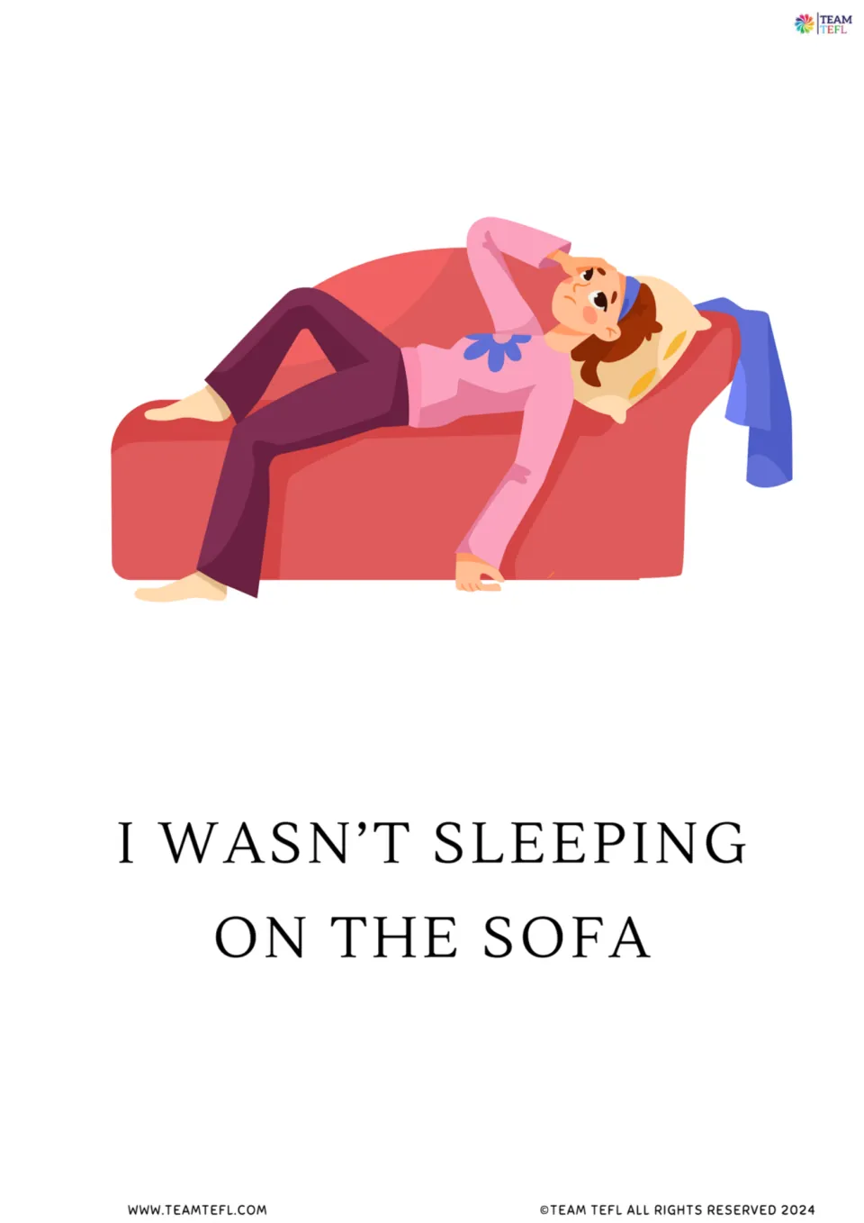 Full-page flashcard: a girl lying awake on a red sofa with the negative sentence I wasn't sleeping on the sofa