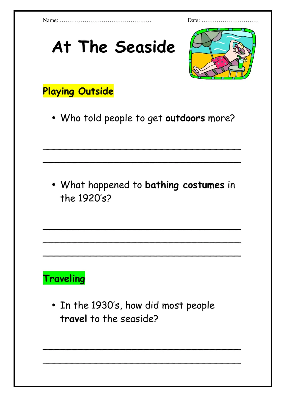 At The Seaside history questions: students write about getting outdoors, 1920s bathing costumes and 1930s travel