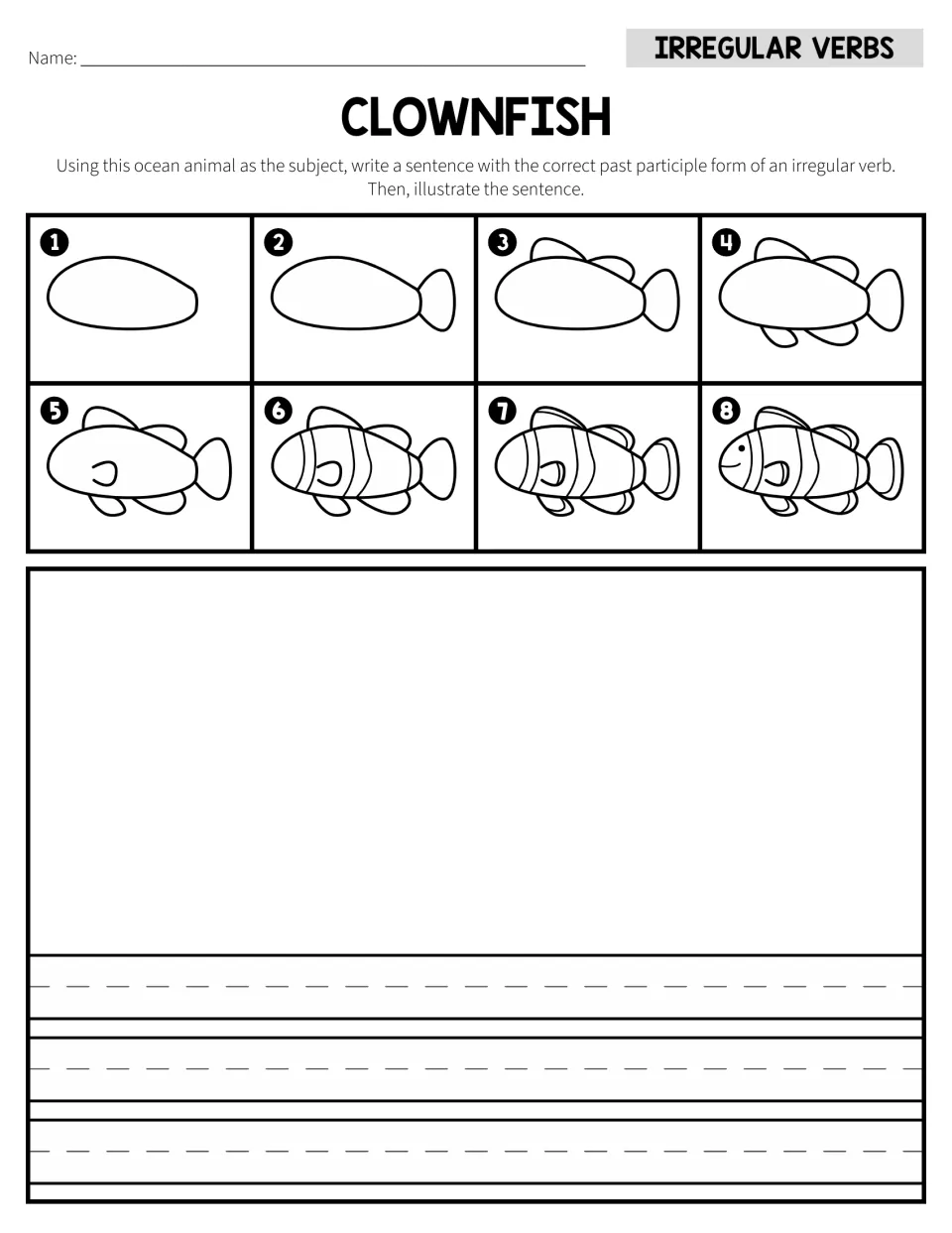 Clownfish directed drawing in 8 steps; students write a sentence with an irregular past participle on dashed lines