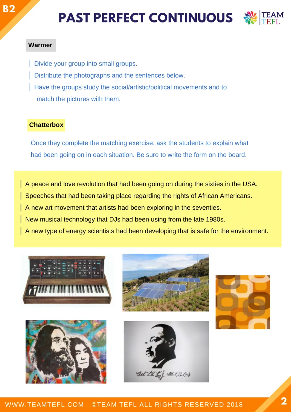 Lesson warmer matching photos to statements about peace, civil rights, art, music, and clean energy
