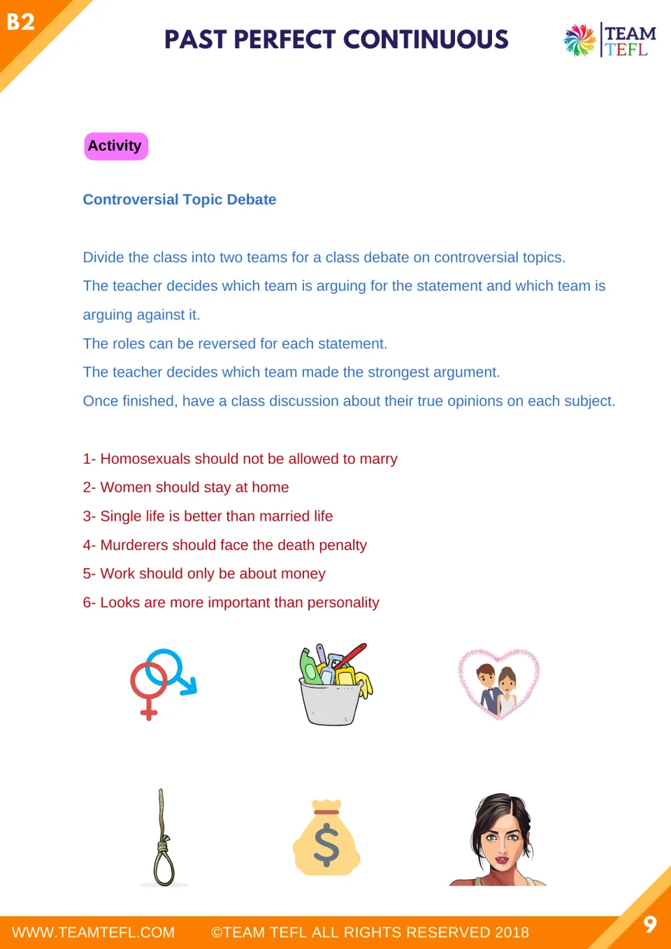 Class debate activity assigns teams opposing views on six topics, including marriage, work, and appearance