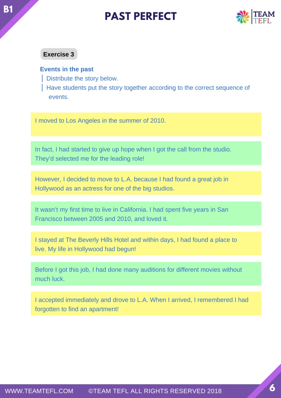 Exercise 3, Events in the past: students sequence seven story strips about moving to Los Angeles for an acting job