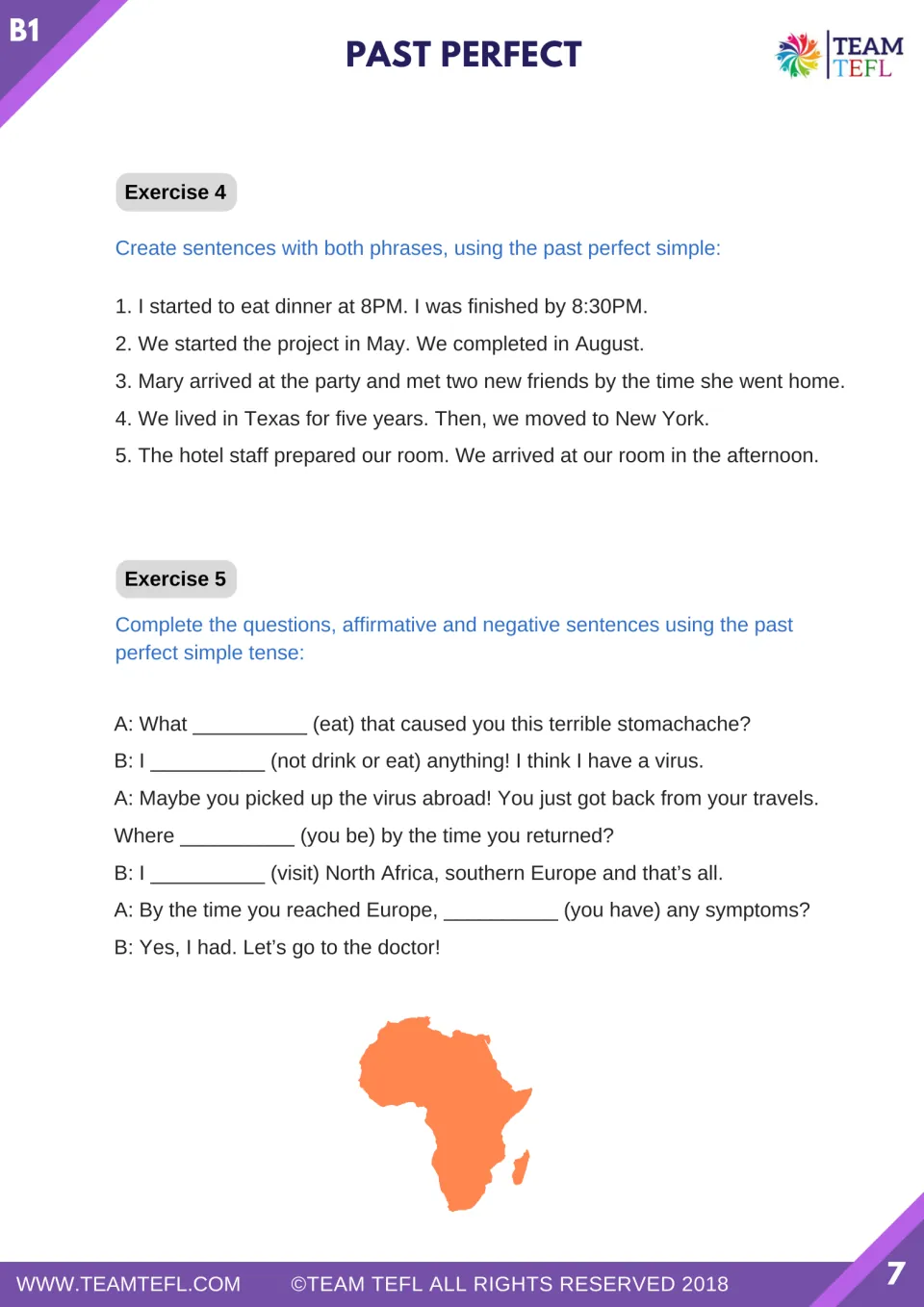 Exercises 4 and 5: students join two phrases into past perfect sentences, then complete a dialogue about a stomachache