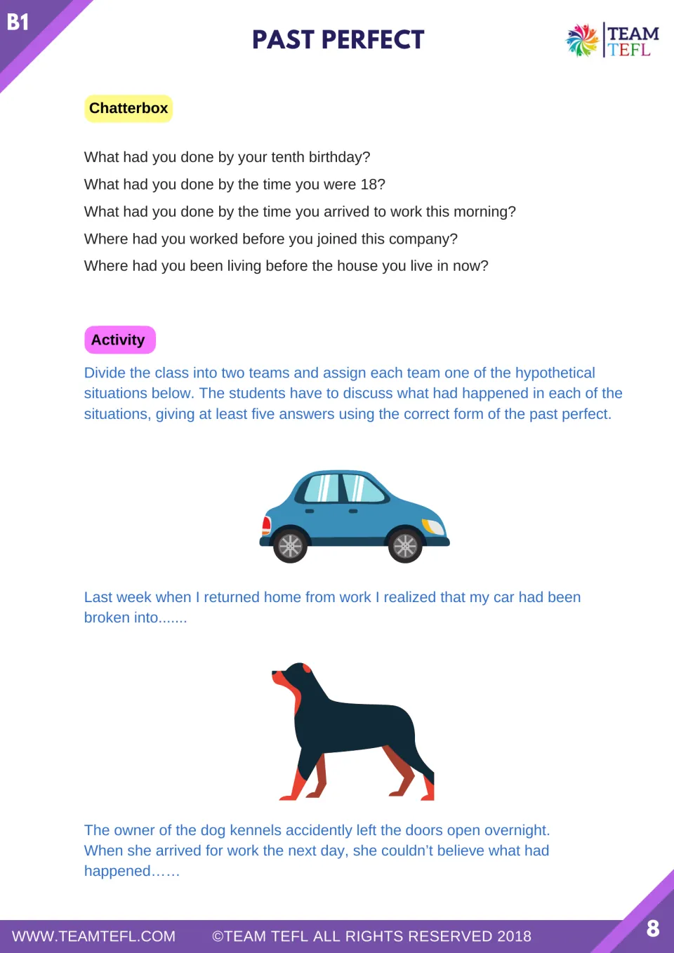 Chatterbox speaking questions using 'What had you done by...?' plus a team task on a car break-in and open dog kennels