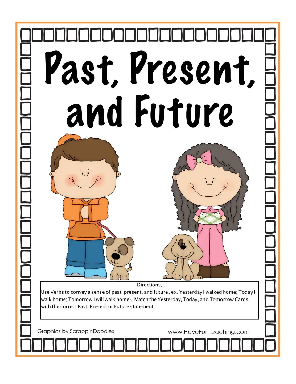 Past, Present, and Future cover with directions: match Yesterday, Today and Tomorrow cards to sentences in each tense