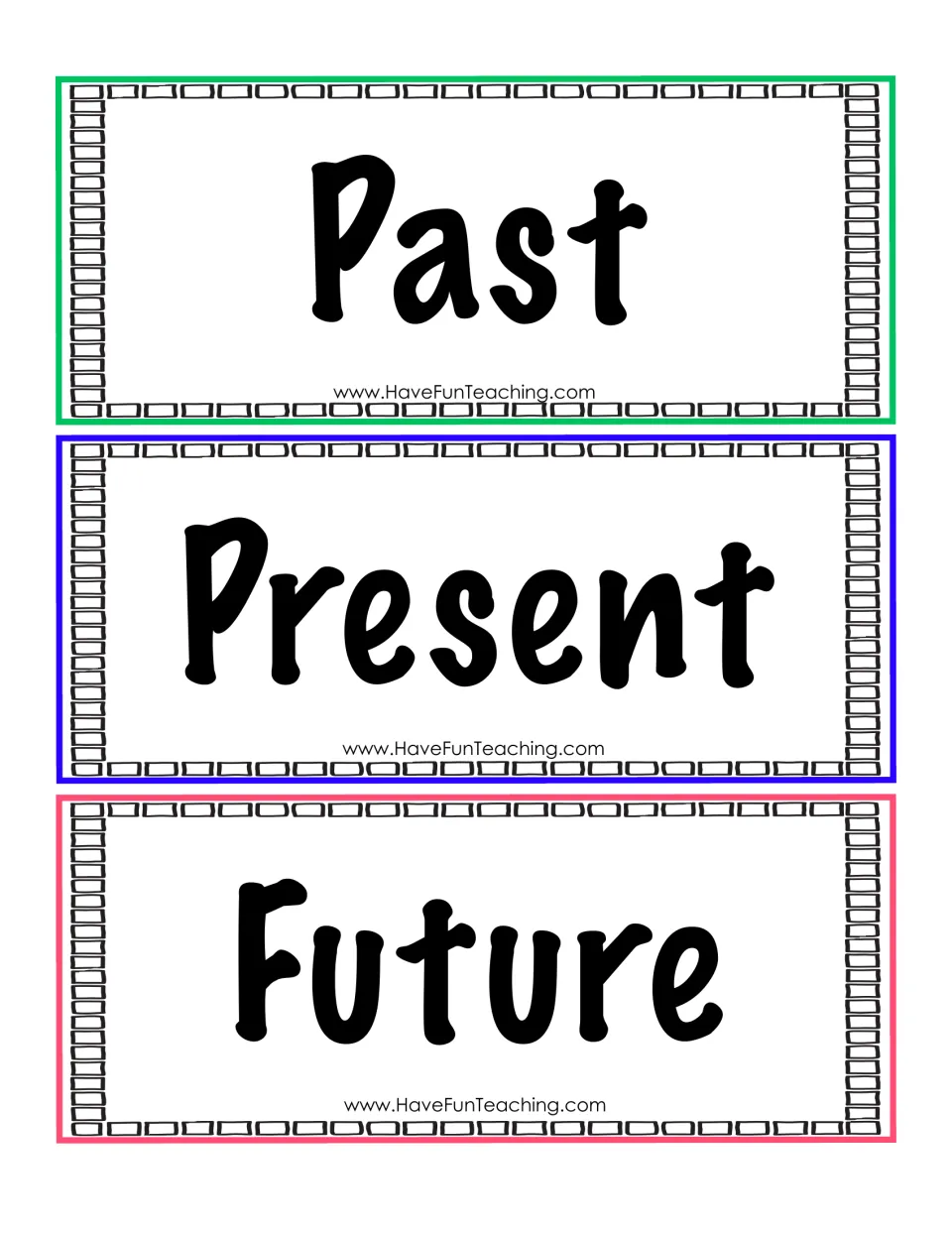 Verb tense header cards reading Past, Present and Future for students to sort matching sentence cards under each tense