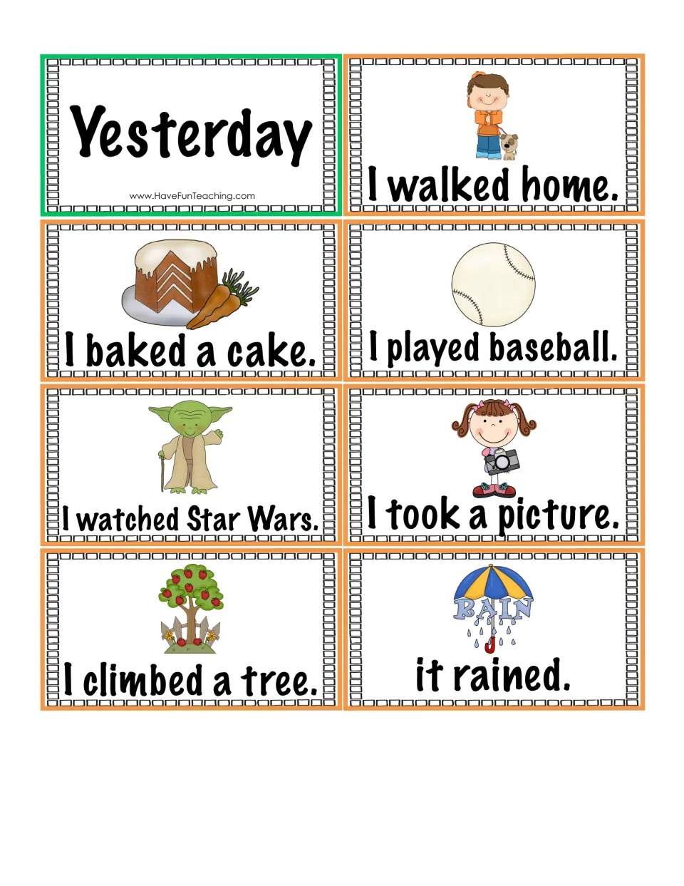 Past tense matching cards: Yesterday card and seven picture sentences such as I walked home, I baked a cake and it rained