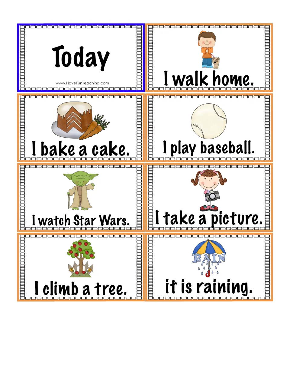 Present tense matching cards: Today card and seven picture sentences such as I walk home, I play baseball and it is raining