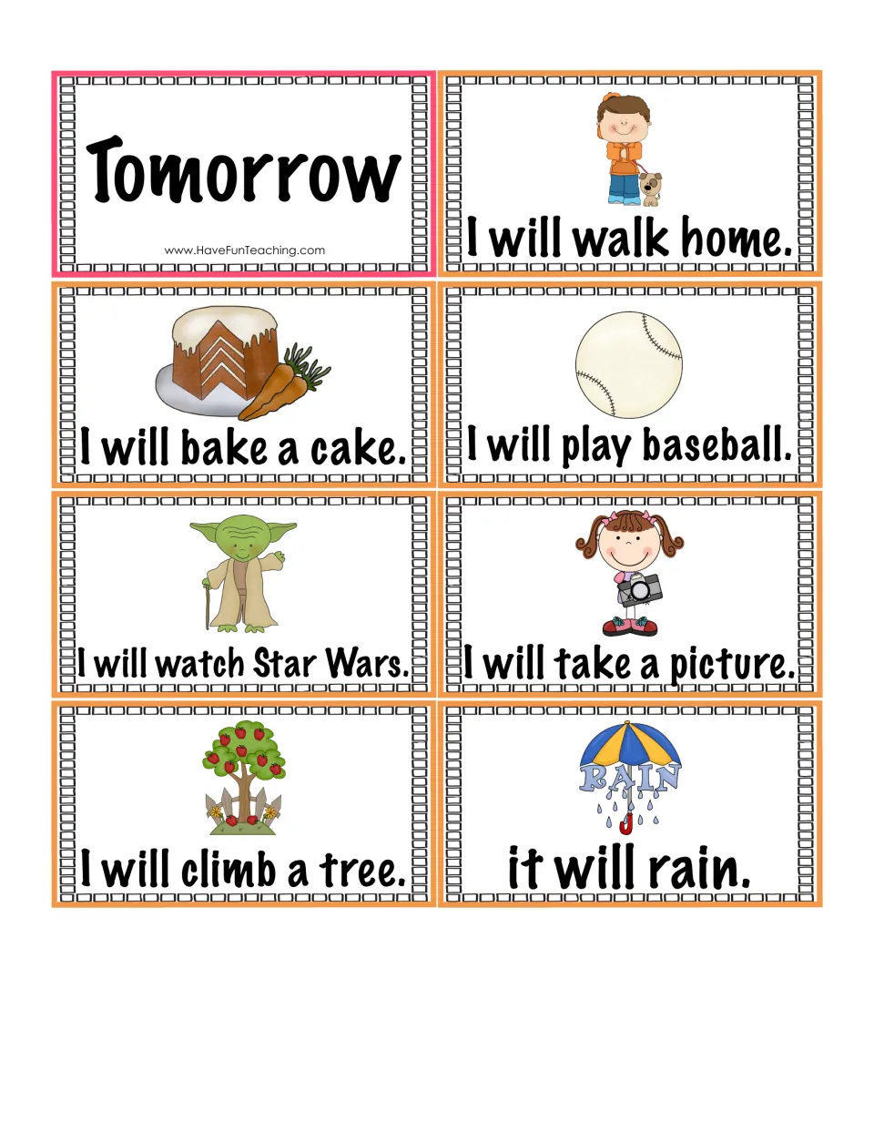 Future tense matching cards: Tomorrow card and seven picture sentences such as I will bake a cake and it will rain