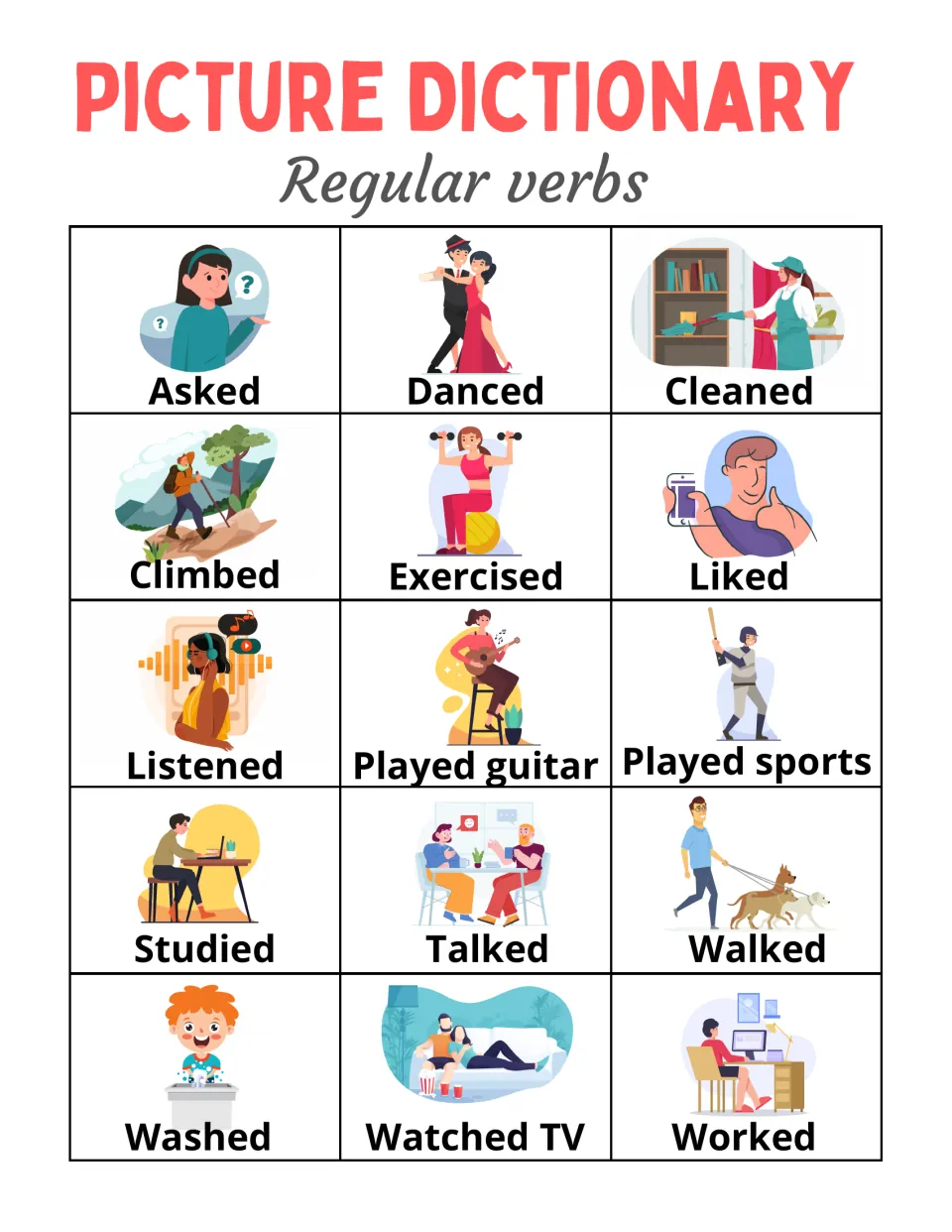 Regular past simple picture dictionary: 15 entries including asked, danced, cleaned, and played guitar