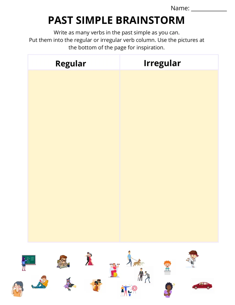 Past simple brainstorm activity asks students to list regular and irregular verbs using picture prompts