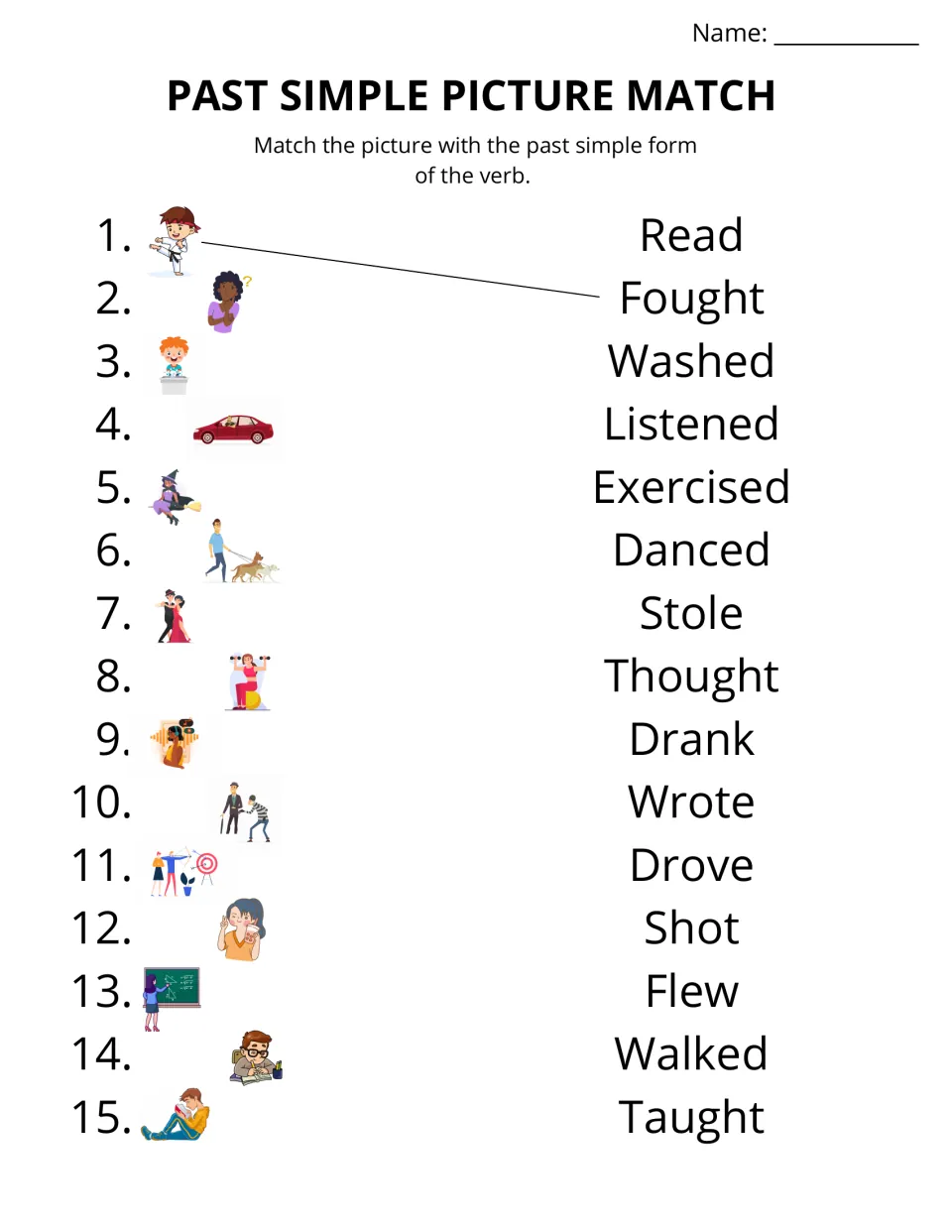 Past simple picture matching activity pairs 15 actions with verbs such as fought, thought, and washed