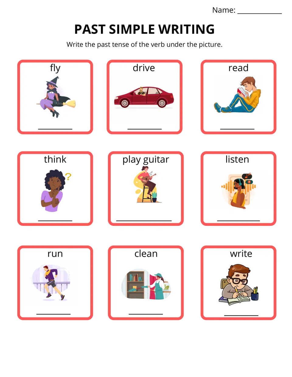 Past simple writing practice asks for past forms of fly, drive, read, think, play guitar, and four more