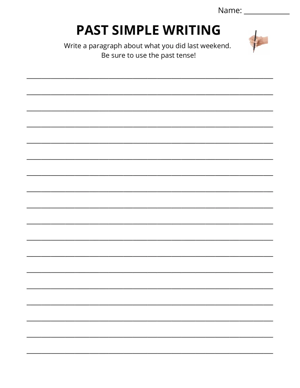 Past simple paragraph writing prompt asks students to describe what they did last weekend in past tense