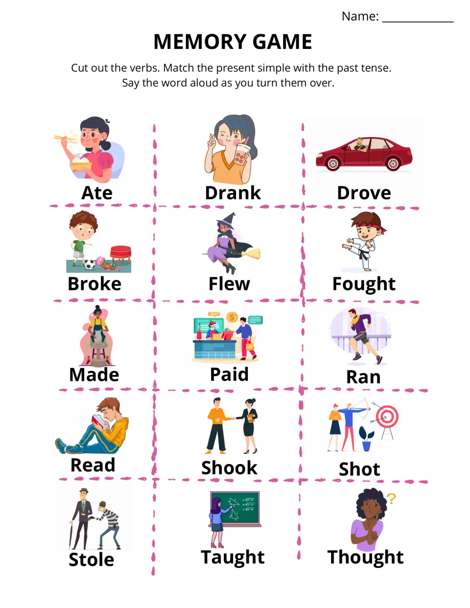 Memory game sheet has 15 illustrated past tense cards, including ate, drank, drove, broke, and flew