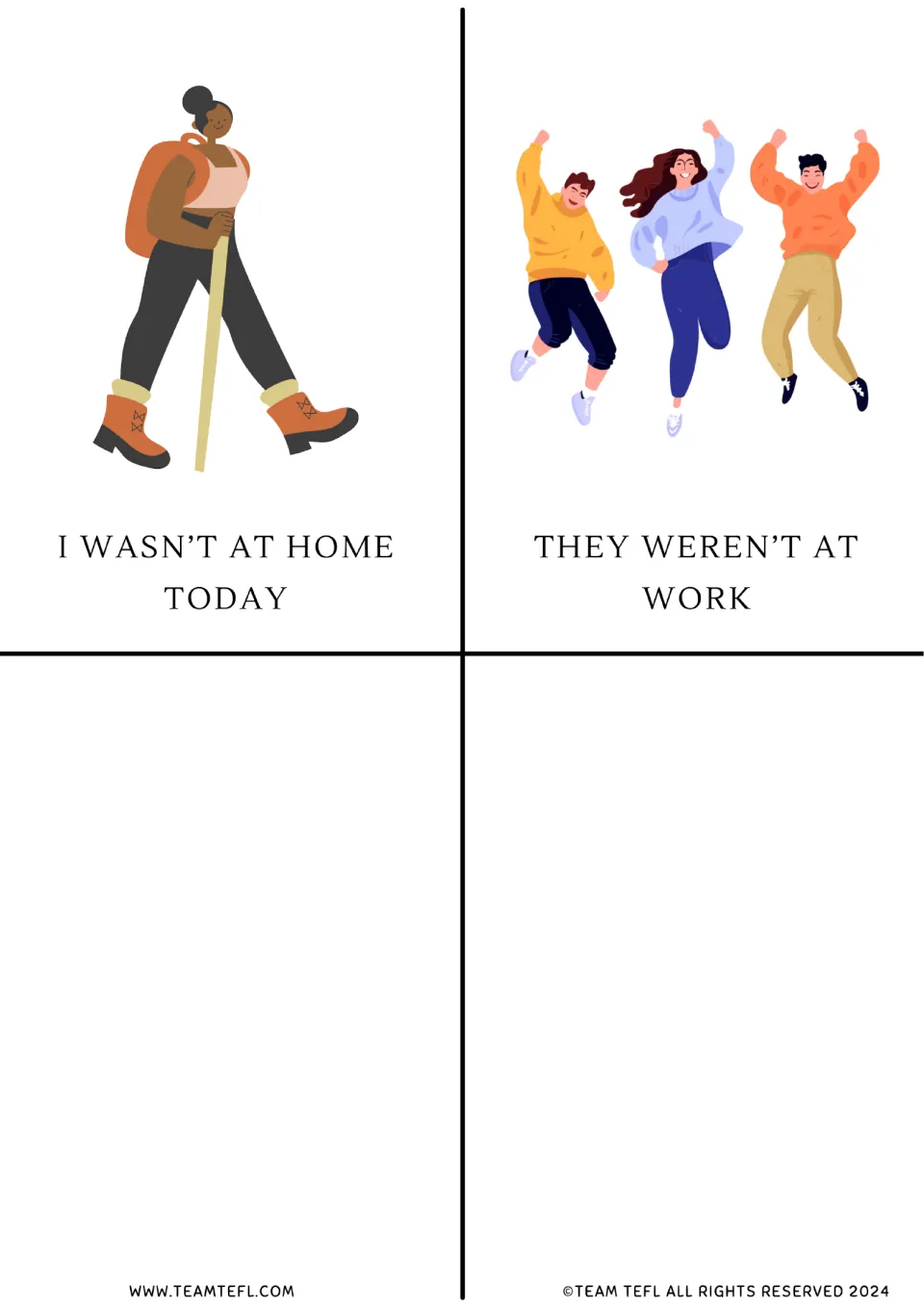Negative past forms: a hiker card for I wasn't at home today and jumping friends for they weren't at work