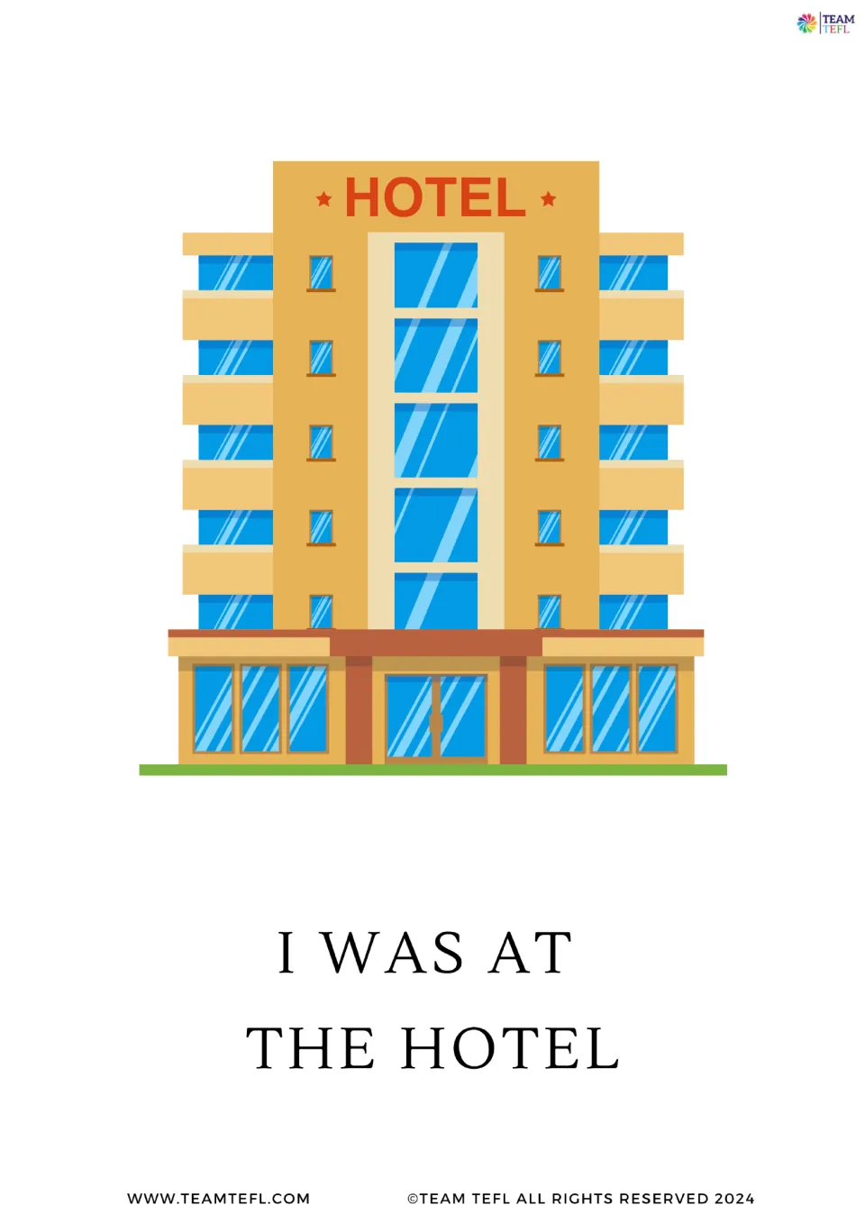 Full-size was card: a hotel building above the sentence I was at the hotel, showing the past of be with I
